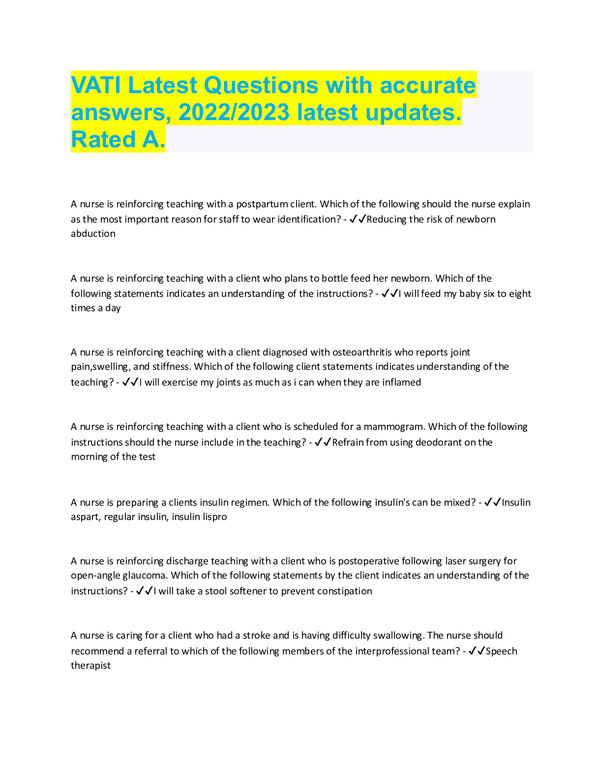 Preview image for VATI Latest Questions with accurate answers, 2022/2023 latest updates. Rated A.